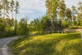 View of of trampoline with safety net mounted on backyards.