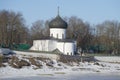 View of the Transfiguration Cathedral Mirozhsky monastery winter day. Pskov