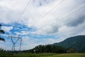 View transmission towers (power tower, electricity pylon, steel lattice tower) cloud blue sky. Texture high voltage pillar,