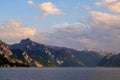 View on Traunsee, mountains and Traunkirchen from town Gmunden Royalty Free Stock Photo