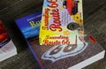 View on travel guide books on wood table for preparation of Route 66 trip