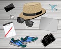 View of traveler`s accessories. Travel concept background. Royalty Free Stock Photo