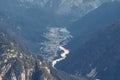 View from Tre Cime peaks dolomites into the valley into the village Auronzo di Cadore Italy Royalty Free Stock Photo