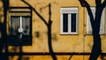 View of tree shadows on the facade of a yellow apartment building Royalty Free Stock Photo