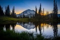 View of trees and mount Rainier reflecting on the water of Tipsoo Lake at sunset Royalty Free Stock Photo