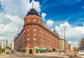View of a triangle building built of red brick in the traditional Scandinavian architecture style Royalty Free Stock Photo
