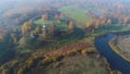 View on the Trigorskoe, October morning aerial video. Pushkin Mountains