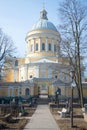 A view of the Trinity Cathedral in the Alexander Nevsky Lavra March afternoon from the St. Nicholas cemetery. Saint Petersburg