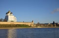 View of the Trinity Cathedral of the Pskov Kremlin on the left Bank of the Velikaya river Royalty Free Stock Photo