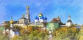 View on Trinity Lavra of St. Sergius colorful painting looks like picture, Russia.