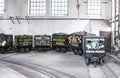 View of the trolleys inside the building on the territory of Landek Park Mining Museum in Petrkovice near Ostrava under the Landek