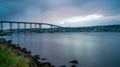 Tromso Bridge across Tromsoysundet strait in Norway at dusk. Royalty Free Stock Photo