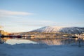 View of the Tromso bridge from the middle of the fjord Royalty Free Stock Photo