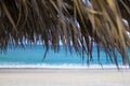 View of Tropical Beach with Blue Ocean, Sea and White Sand. Palm Tree Umbrella, Heavenly Vacation Spot, Tropical Banner. Tropical Royalty Free Stock Photo