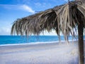 View of Tropical Beach with Blue Ocean, Sea and White Sand. Palm Tree Umbrella, Heavenly Vacation Spot, Tropical Banner. Tropical Royalty Free Stock Photo