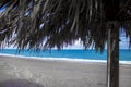 View of Tropical Beach with Blue Ocean, Sea and White Sand. Palm Tree Umbrella, Heavenly Vacation Spot, Tropical Banner. Tropical Royalty Free Stock Photo