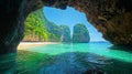 View of a tropical beach and limestone cliffs from inside a sea cave Royalty Free Stock Photo