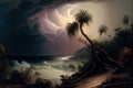 view of a tropical cyclone, with storm clouds and lightning visible in the distance Royalty Free Stock Photo