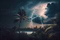 view of a tropical cyclone, with storm clouds and lightning visible in the distance Royalty Free Stock Photo