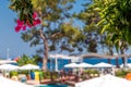 View of the tropical garden and the sea on a sunny day from the hotel veranda Royalty Free Stock Photo