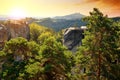 View on Trosky Castle from Hruba Skala in Bohemian Paradise, Czechia.