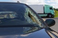 View of truck in an accident with car, broken glass Royalty Free Stock Photo