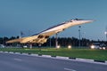 View of the Tu-144 aircraft in the evening, a monument in the city of Zhukovsky