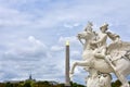 View from Tuileries Garden with Luxor Obelisk, Grand Palais and statue. Paris, France.