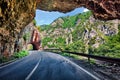 View from the tunel of Piva river pass. Sunny summer day in Montenegro, Europe. Beautiful world of Mediterranean countries. Royalty Free Stock Photo