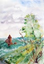 View of Turaida castle from Sigulda castle, Latvia. watercolor drawing, travel sketch