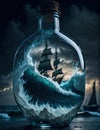 View of a turbulent swell of a violent sea storm inside a glass bottle on the Beach, A Large tall pirate ship with sails.