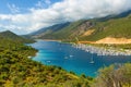 View turquoise water harbour in Mediterranean sea with marina and yachts near Kas city, Antalya, Turkey, Asia Royalty Free Stock Photo