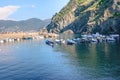 View of the turquoise water of the Mediterranean sea, the mountains and coastline Cinque Terre from the coast of Vernazza.