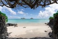 View of the twin islands of Na Mokulua from Lanikai Beach in Kailua, Hawaii, USA