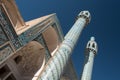 View of twin minarets and portico with decorative tiled mosaics, Iran