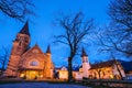 Two Churches in Interlaken at twilight time a resort town on the Aare River, between lakes Thun and Brienz in central Switzerland Royalty Free Stock Photo