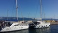 View of two engine boats in a marina bay in Sithonia, Greece