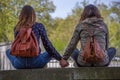 View of two girlfriends girls sitting on a wall and looking at the landscape hand in hand and lovingly Royalty Free Stock Photo