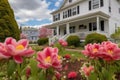 view of two-story colonial with blooming spring flowers Royalty Free Stock Photo