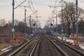 A view of the two-track, electrified railway track. Royalty Free Stock Photo