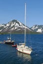 View of two yachts under the white and black sails compete in team sailing event. North Sea, blue sky and mountains as Royalty Free Stock Photo