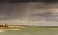 The view of Tynemouth, Cullercoats & Whitley Bay including St Mary`s Lighthouse taken from Tynemouth`s North Pier on a rainy day