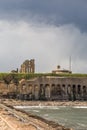 The view of Tynemouth Priory taken from Tynemouth`s North Pier on a rainy summer`s day