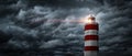 View on typhoon, hurricane, tornado, lighthouse and rain sky. Panoramic view of the stormy sky, lighthouse and dark clouds.