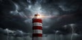 View on typhoon, hurricane, tornado, lighthouse and rain sky. Panoramic view of the stormy sky, lighthouse and dark clouds.