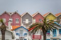 View of typical Costa Nova beach house, colorful striped wooden beach houses Royalty Free Stock Photo