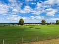 View on typical dutch rural flat landscape along river Maas with cycling track near Nijmegen, Netherlands