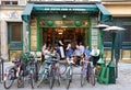 View of typical French cafe Au Petit fer a cheval in the quarter Marais, the historic Parisian district set on the Right