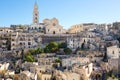 View of the typical houses of the ancient stone town of Matera Sassi di Matera, Basilicata, Italy. In the background Matera Cat