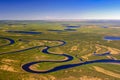 View of the typical landscape of the Northern tundra of the Taimyr Peninsula in June from helicopter